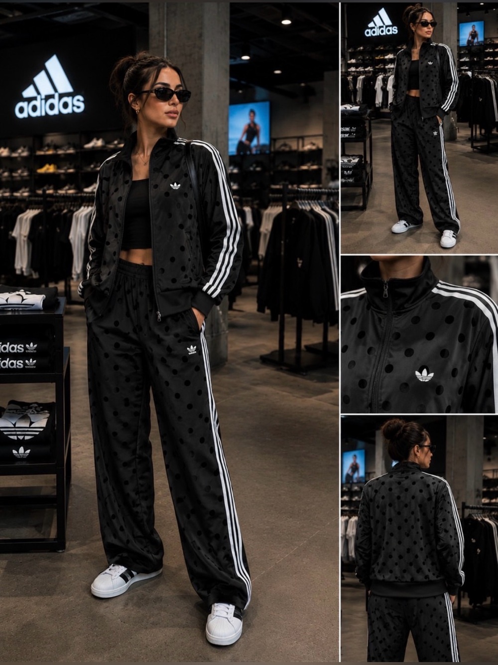 Adidas Women's Satin Polka Dot Track Set Jacket+Pants Black KV1166/KV1169 - Picture 5 of 12